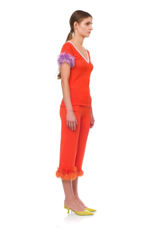 Shop Andreeva Golden Poppy Knit Top With Handmade Knit Details And Pearls In Orange