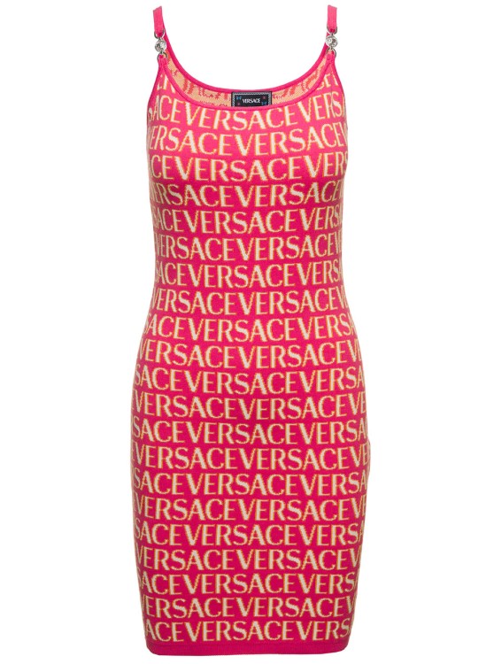 Shop Versace Mini Fuchsia Dress With All-over Logo Lettering Print And Medusa Detail In Cotton Blend In Burgundy