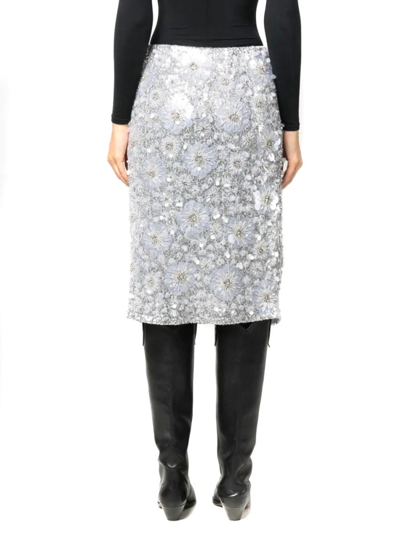 Shop Des Phemmes Embellished Midi Skirt With Floral Sequin Design And Luxurious Fabric Blend In Silver