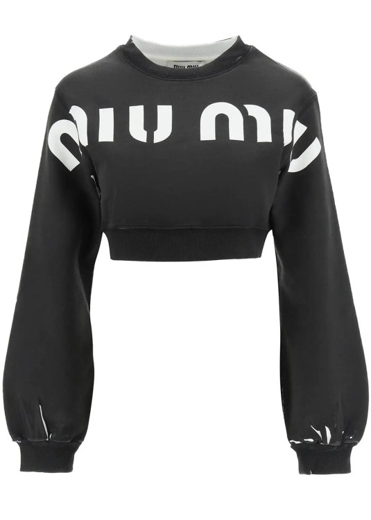 Shop Miu Miu Cropped Logo Sweatshirt In Black