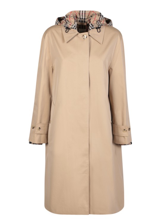 BURBERRY BEIGE HOODED COAT WITH ICONIC CHECK PATTERN