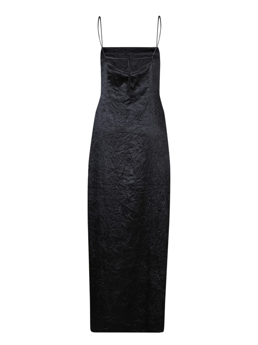 Ganni Crinkled Satin Midi Slip Dress In Black