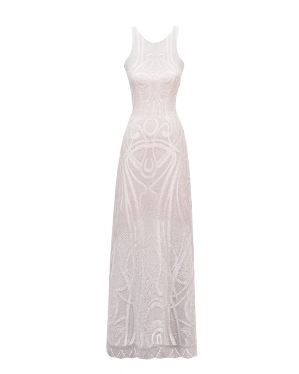 Gemy Maalouf Silver Slim-cut Pattern Lace Midi Dress - Midi Dresses In Neutrals