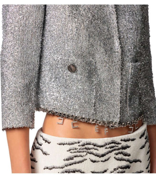 Shop Elisabetta Franchi Silver Cropped Jacket With Charms In Grey
