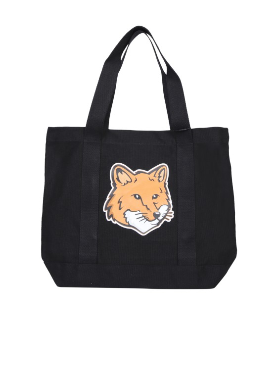 Maison Kitsuné Sturdy Canvas Bag With Wide Handles And Iconic Front Fox Head Detail In Black
