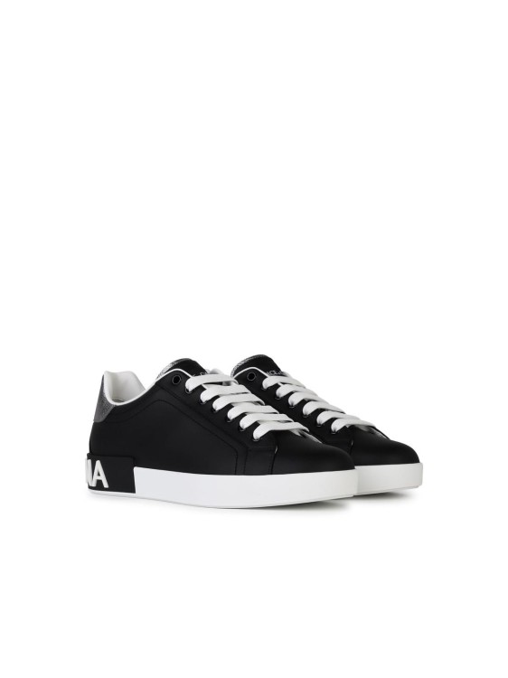 Dolce & Gabbana Portofino Sneakers In Black Leather With Silver Inserts In Black
