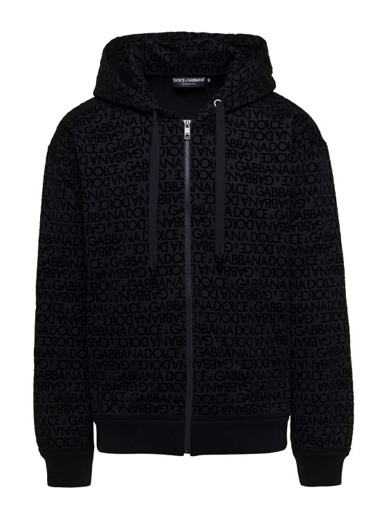 DOLCE & GABBANA BLACK HOODIE WITH ALL-OVER TONAL LOGO PRINT IN COTTON