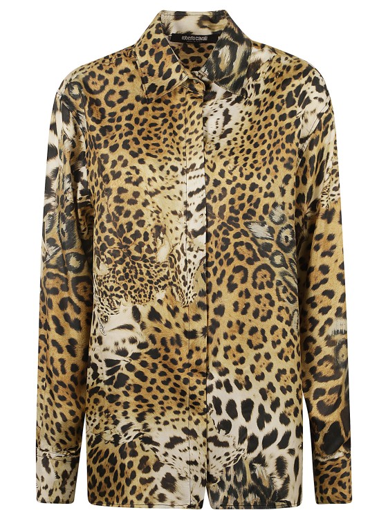 Shop Roberto Cavalli Beige Silk Leopard Print Shirt In Brown