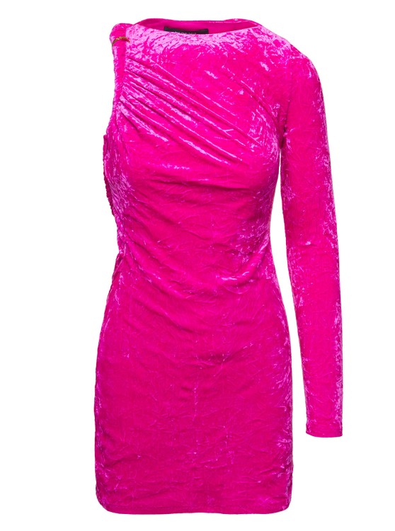 Versace Fuchsia One-shoulder Mini Dress With Greca Detail And Cut-out At The Back In Crushed Velvet Woman In Pink