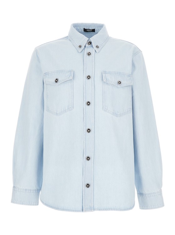 Shop Versace Light Blue Shirt With Button In Denim