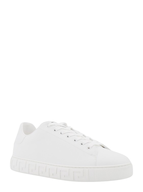 Shop Versace Leather Sneakers With La Greca Detail In White