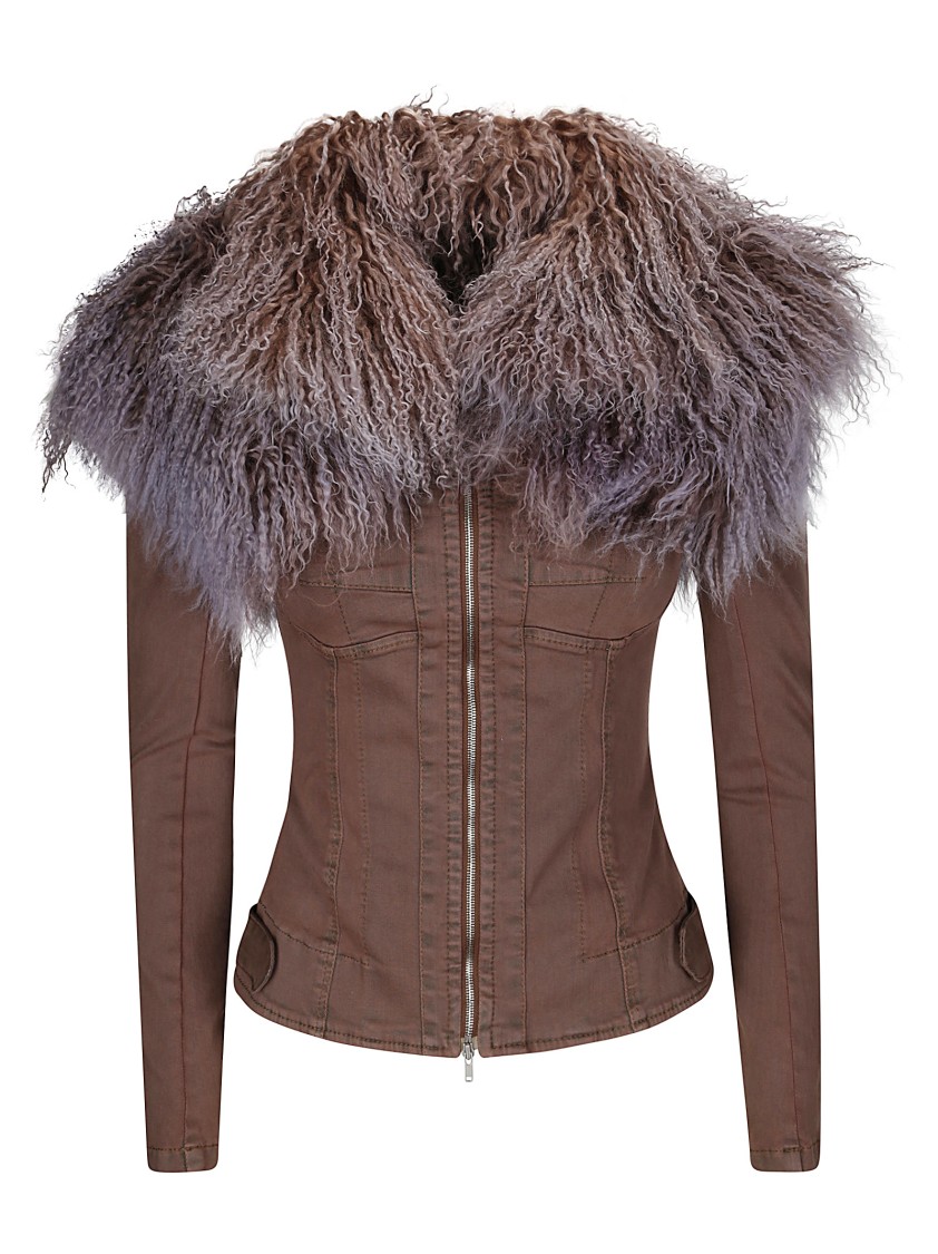 Knwls Shiv Shearling-trimmed Stretch-denim Jacket In Brown