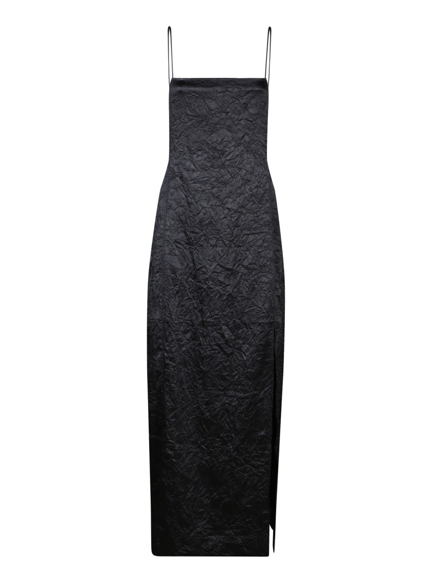Ganni Crinkled Satin Midi Slip Dress In Black