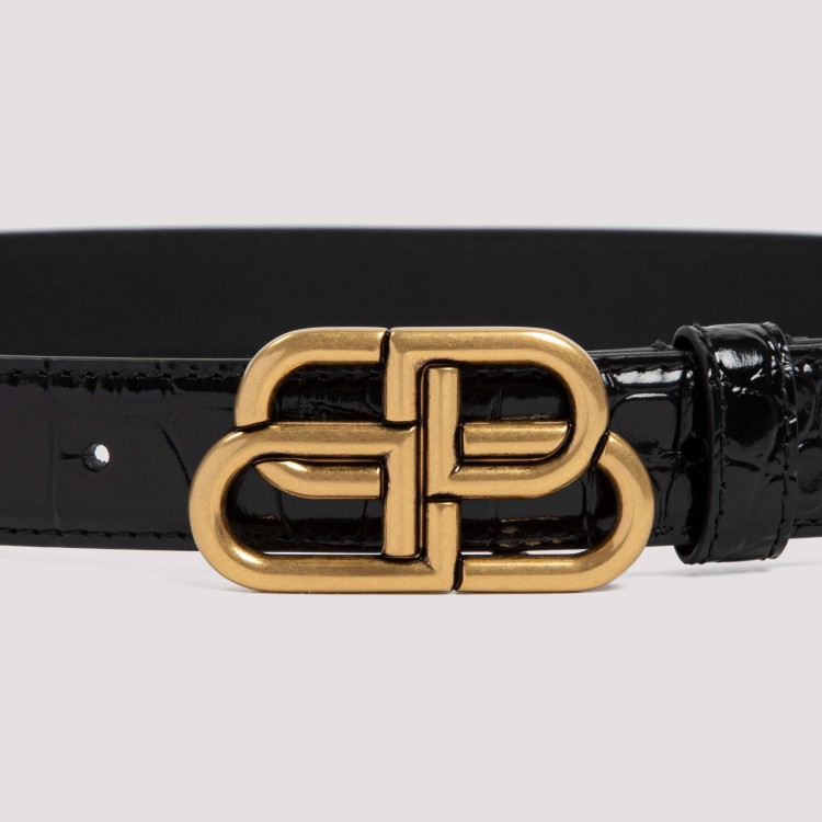Balenciaga Crocodile Texture Belt With Gold-tone Interlocking Buckle In Black