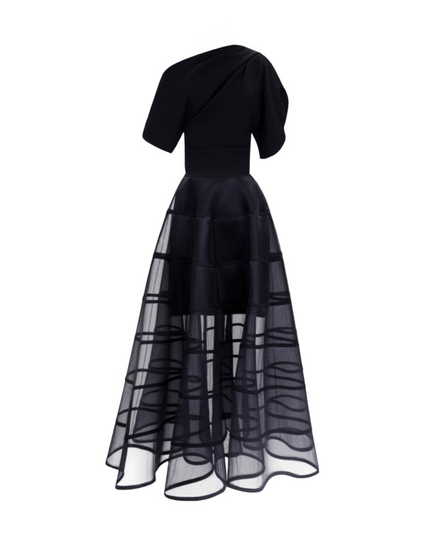 Gemy Maalouf Draped Crepe Top With Cage-like Skirt In Black
