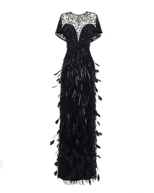 Gemy Maalouf Beaded Corset Slim-cut Feather Dress - Long Dresses In Black