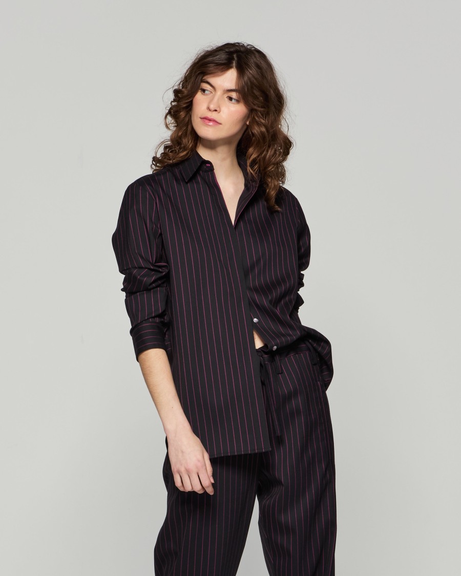 Serena Bute Wool Pinstripe Boyfriend Shirt - Black/pink In Black