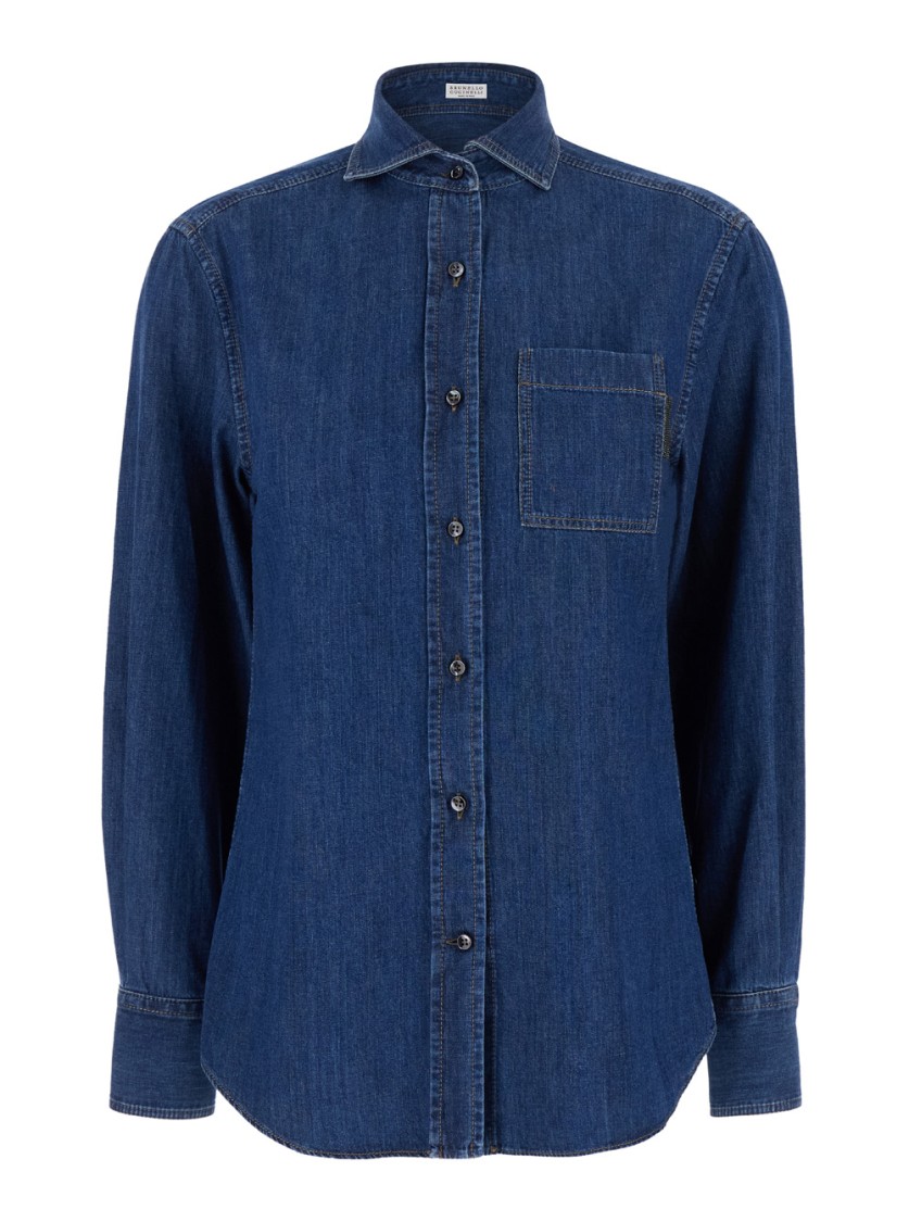 Brunello Cucinelli Blue Long Sleeve Shirt With Patch Pocket In Denim Woman In Blue