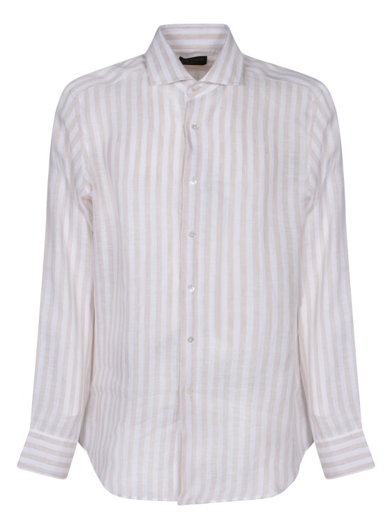 Shop Dell'oglio Linen Shirt With Thin Vertical Beige And White Stripes