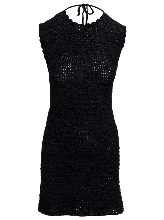 Shop Ganni Mini Black Backless Dress With Logo Embroidery In Crochet