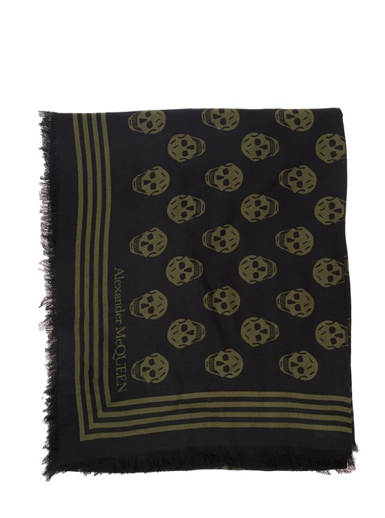 Alexander Mcqueen Black And Military Green Scarf With Skull And Logo Print In Modal