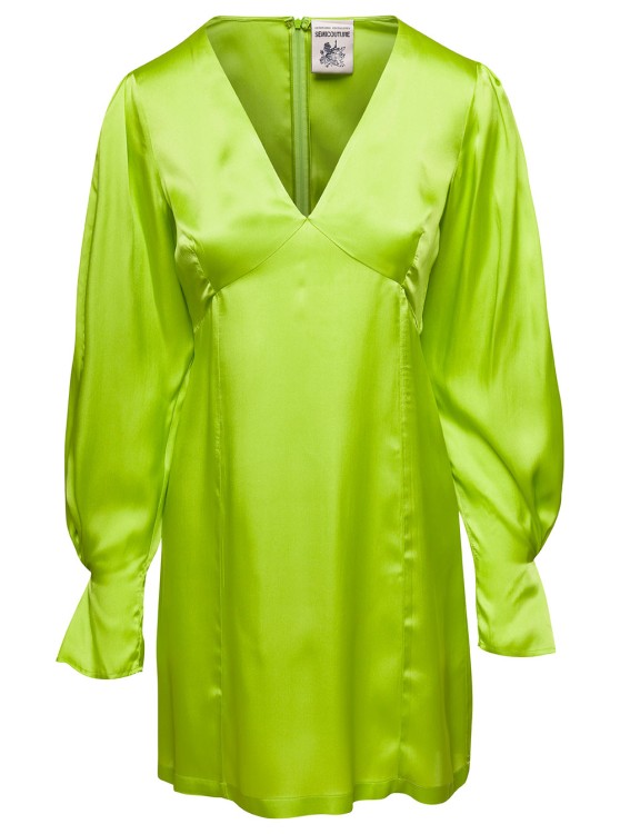 Semi-couture Lime Green Zoie Minidress V Neck Satin Effect In Silk Blend