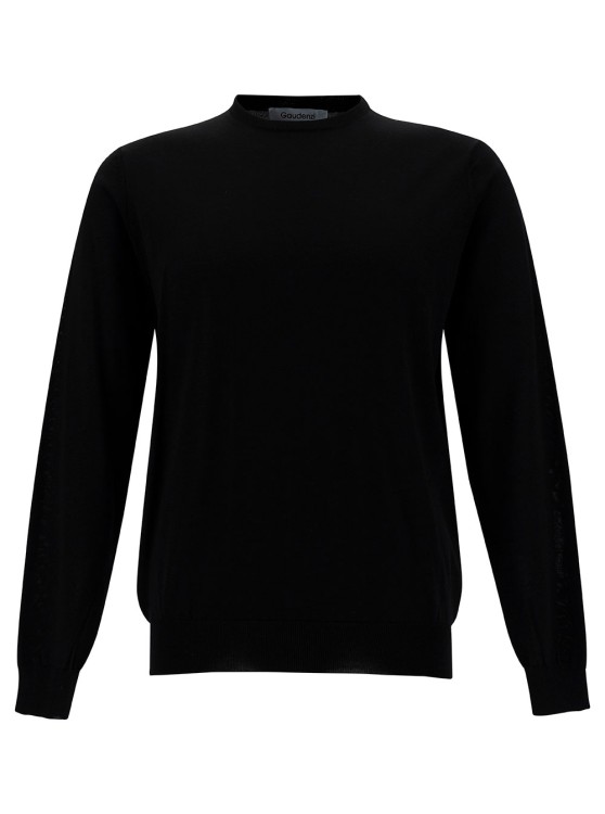 GAUDENZI BLACK CREWNECK SWEATER WITH RIBBED TRIMS IN WOOL