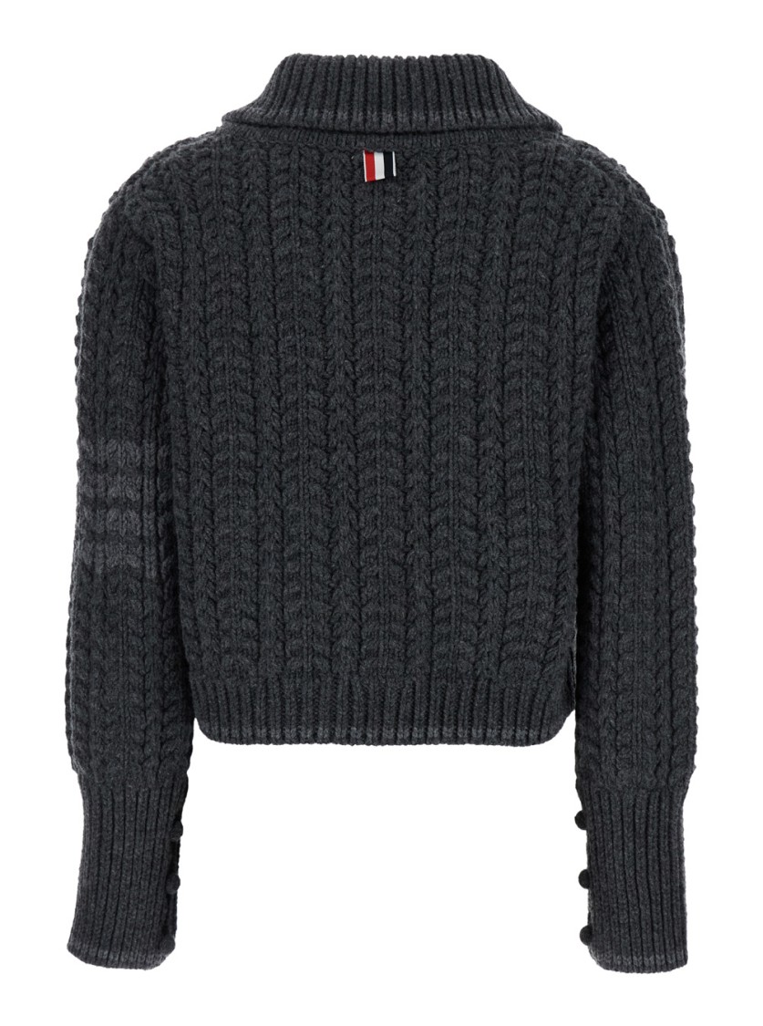 Shop Thom Browne Grey Crop Cardigan With Patch Pockets In Cable Knit Wool