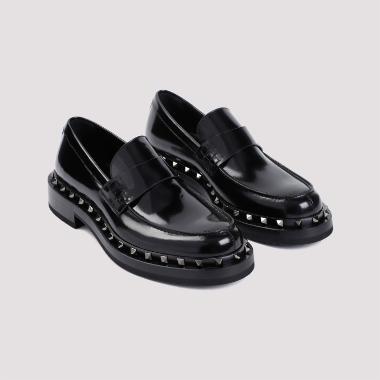 Shop Valentino Black Brushed Calf Leather Rockstud Loafer