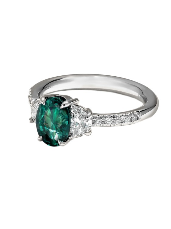 Mark Henry Jewelry Nouveau Three Stone Oval Alexandrite And Diamond Ring In Green