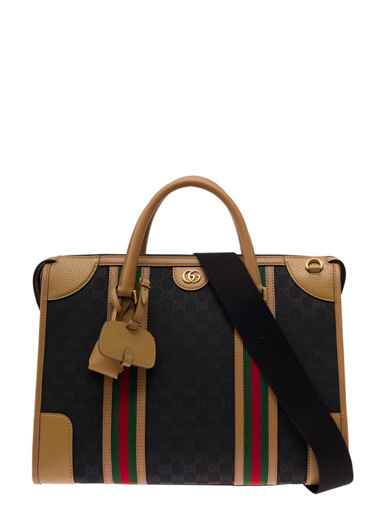 Gucci Black And Brown Handbag With Web And Gg Motif In Canvas And Leather Man