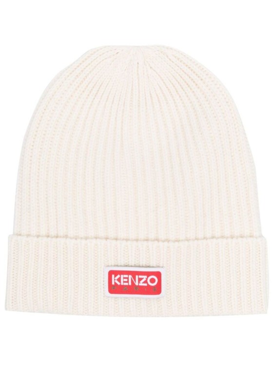 Shop Kenzo White Beanie With Patch Logo At The Front In Wool Blend In Neutrals