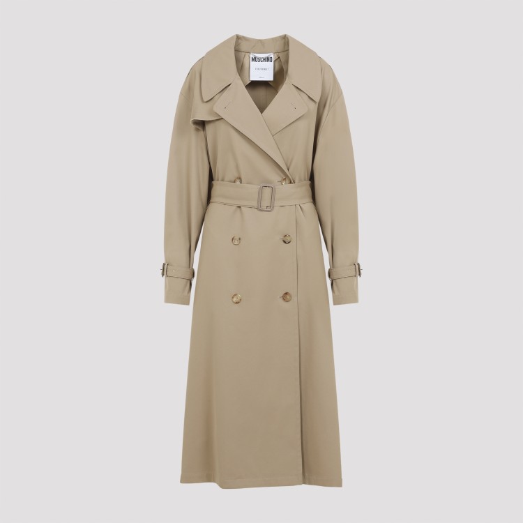 Moschino Cotton Blend Gabardine Long Trench Coat In Brown