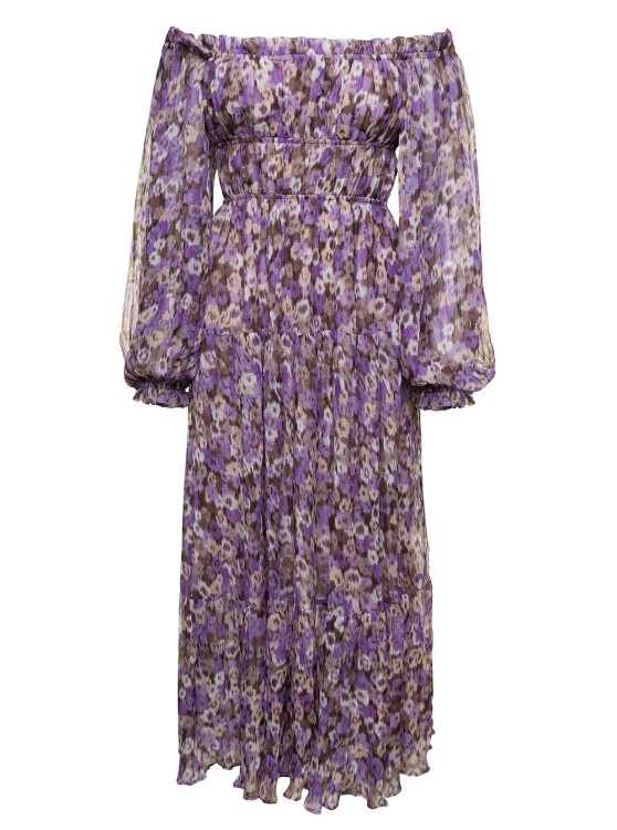 Shop Sabina Musayev Mary' Purple Off-the-shoulders Long Dress With Floreal Print In Grey