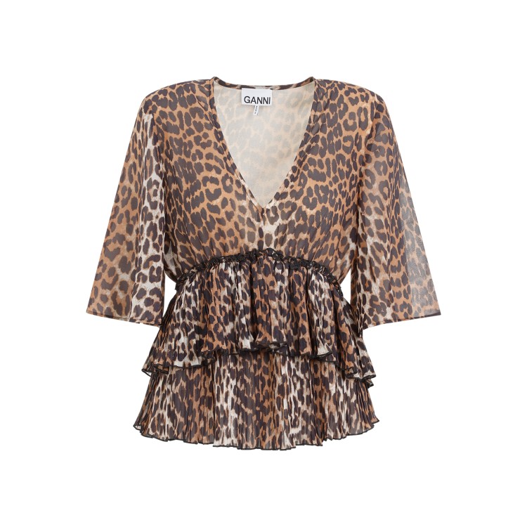 Shop Ganni Animalier Pleated V-neck Blouse In Brown
