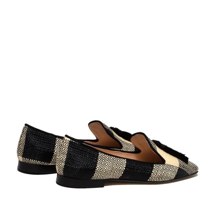 Prosperine Ivory Black Checkered Raffia Slipper With Silk Tassels In Black