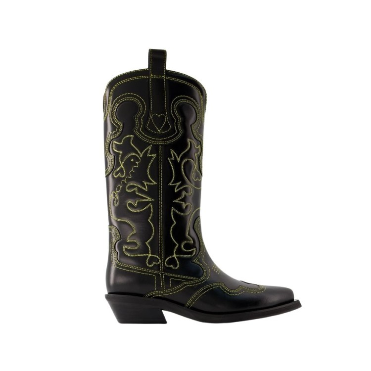 Shop Ganni Mid Shaft Western Boots - Leather - Black