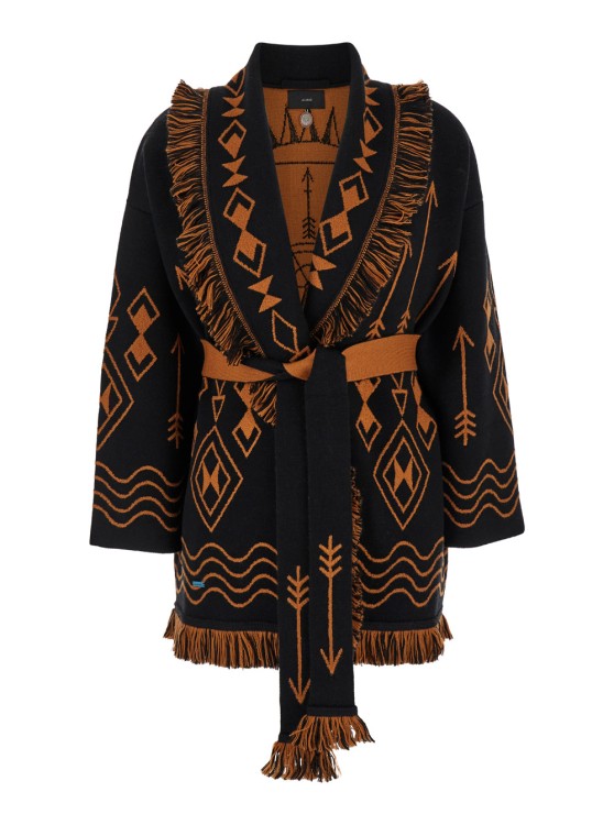 Alanui 'mystic Gate' Orange And Black Cardigan With Belt In Wool Woman In Black