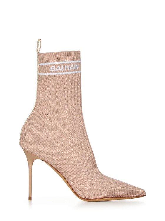 Balmain Beige Stretch Knit Sock Ankle Boots In Pink