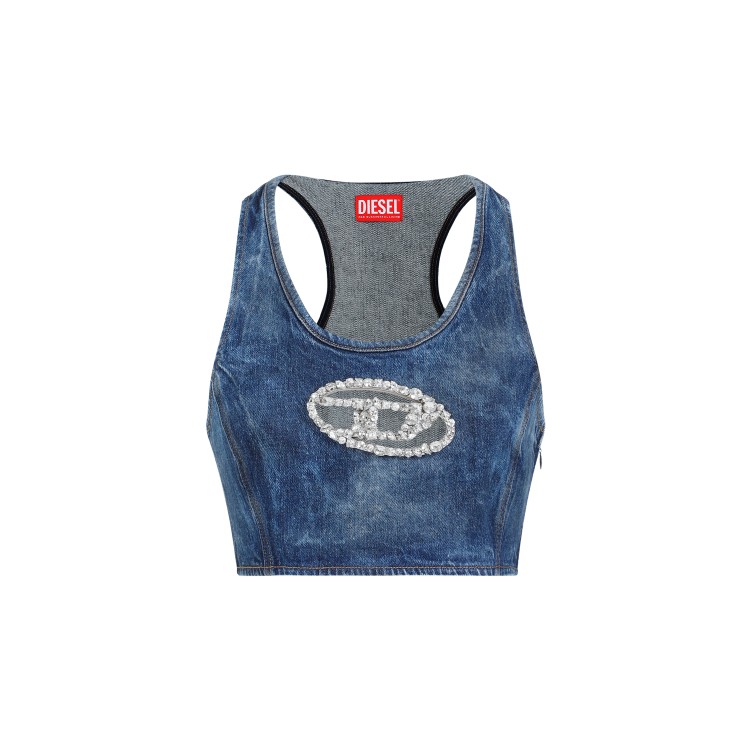 Diesel Denim Crop Top With Jewel Buckle In Blue