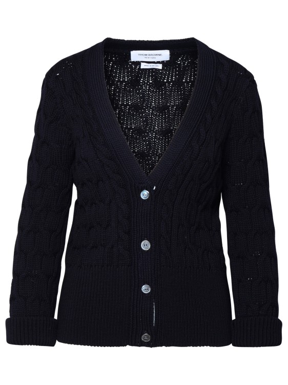 Shop Thom Browne Blue Wool Cardigan In Black