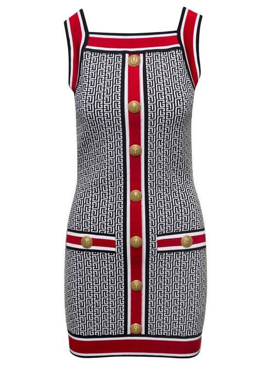 Shop Balmain Mini Multicolor Knit Dress With All-over Monogram In Viscose Blend In Grey