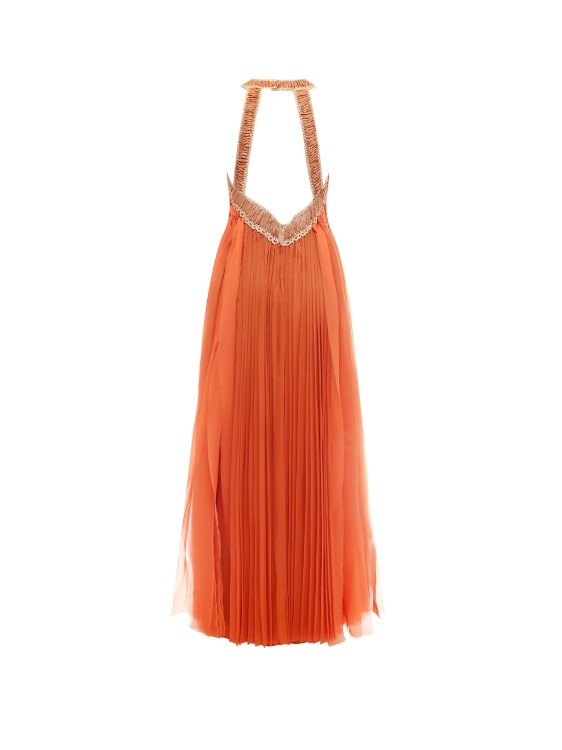 Shop Alberta Ferretti Certified Silk Long Dress With Rafia Embroidery In Orange