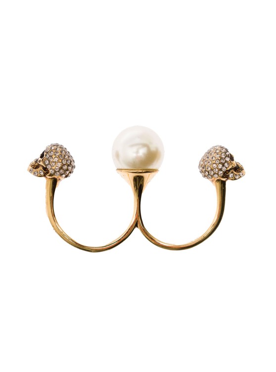Alexander Mcqueen Gold-tone Double Ring With Crystal Embellished Skulls And Pearl In Brass In Not Applicable