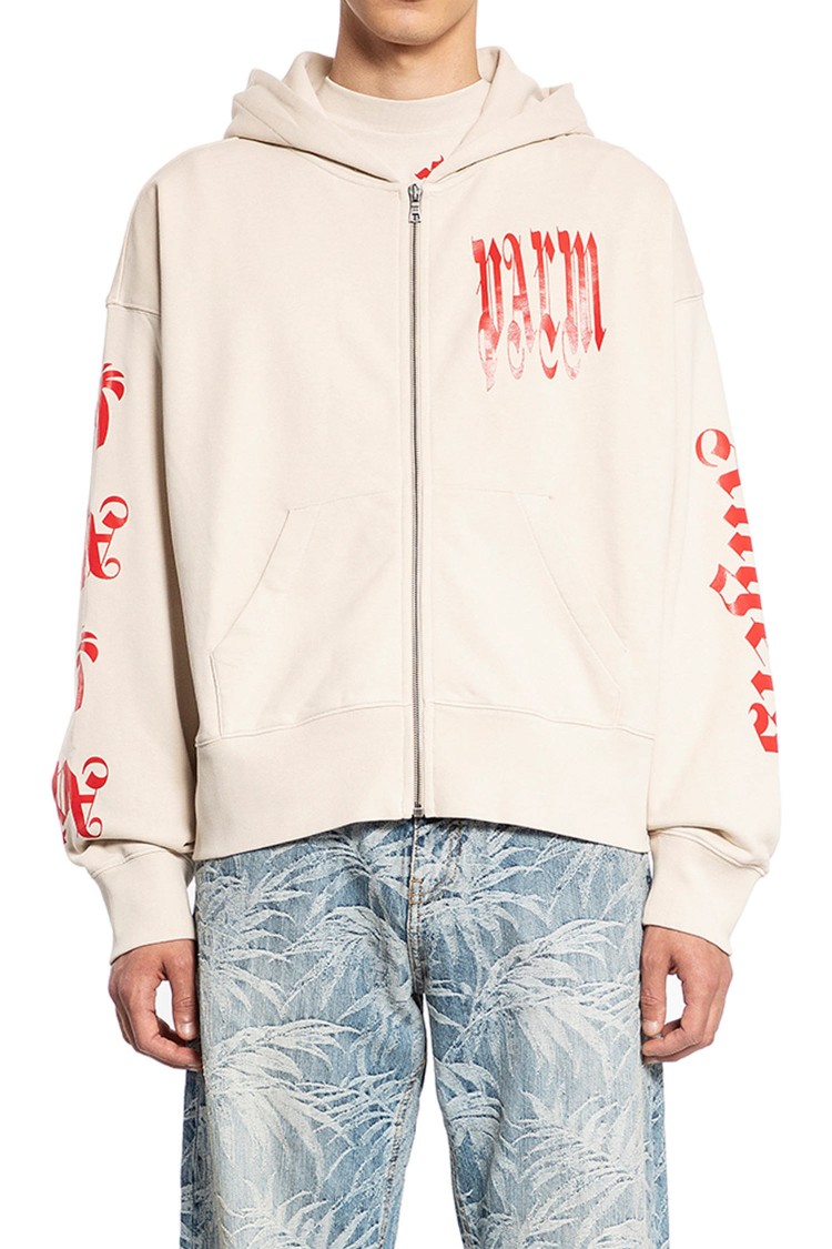Palm Angels Gothic Logo-print Zipped Hoodie In Neutrals