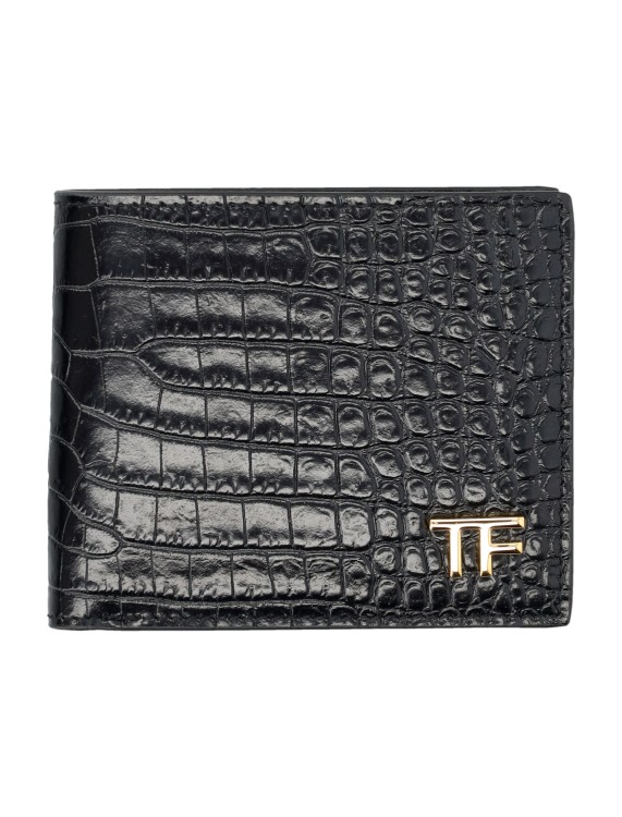 Shop Tom Ford Glossy Printed Croc Classic Bifold Wallet In Grey