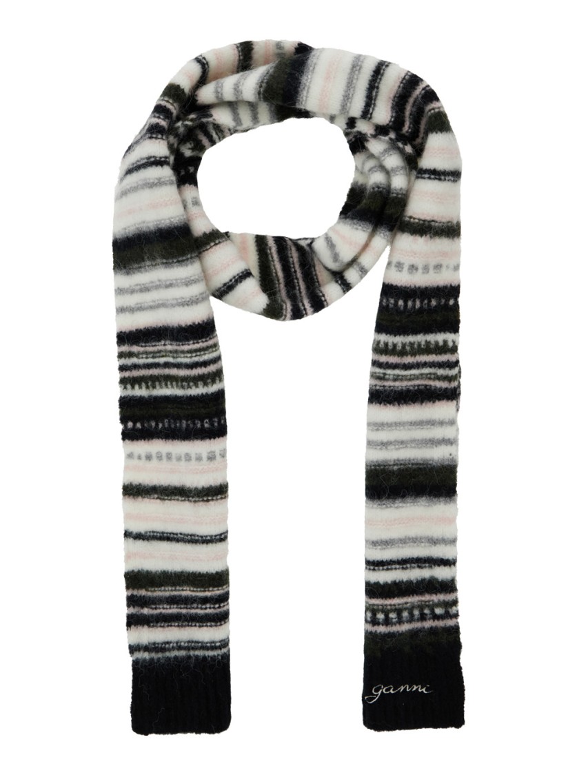 Ganni Striped Soft Wool Scarf In Black