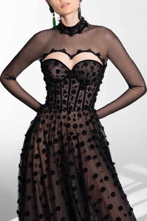 Shop Saiid Kobeisy Beaded Tulle Dress With Polka Dots In Black
