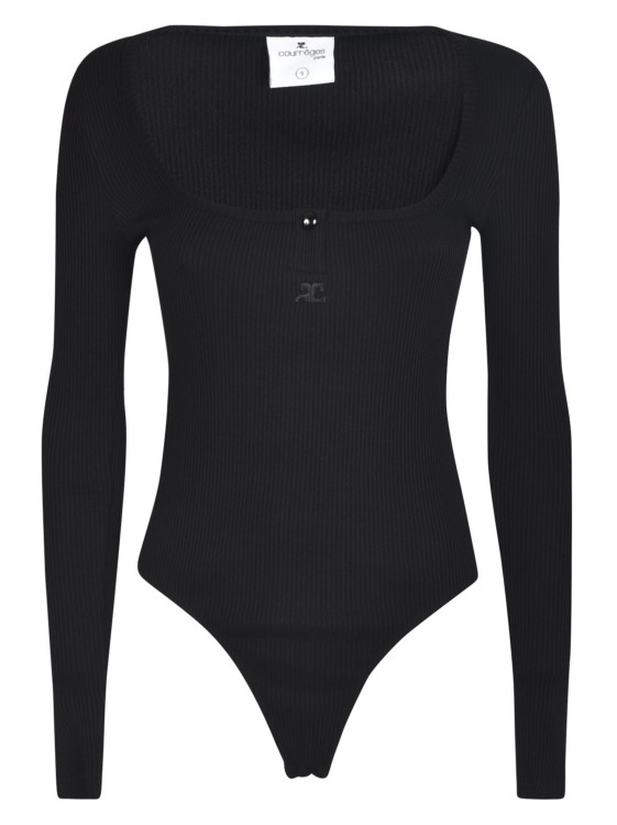 Shop Courrèges Black Logo-embroidered Long-sleeve Henley Bodysuit
