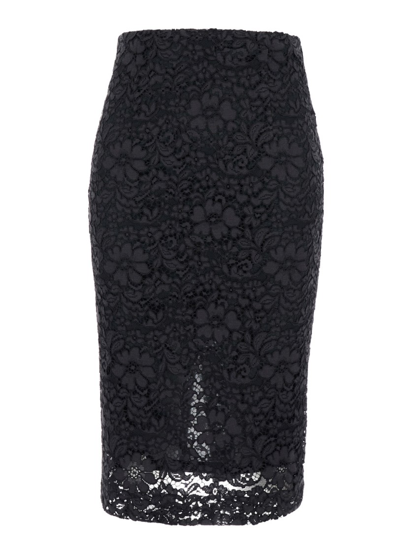 Shop Plain Midi Black Skirt With Slit In Floral Lace